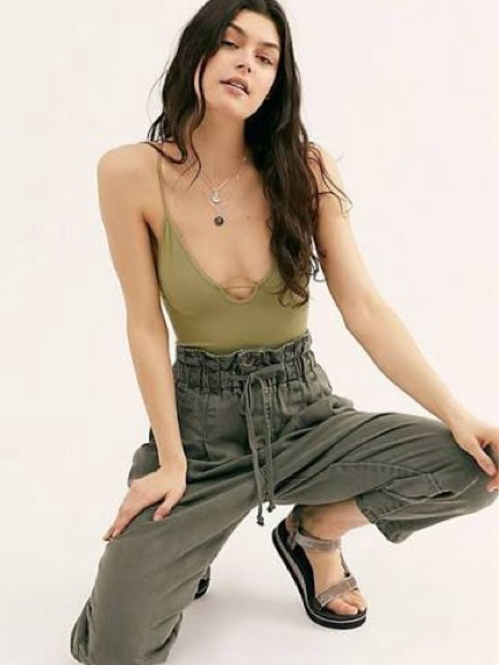 Free People Olive High Rise Tie Paper Bag Boho Pants